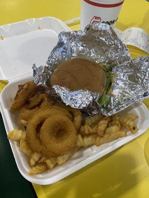 Burger with fries and onion rings