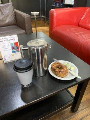 French Press and pumpkin bagel.