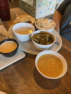 Cream corn, green beans, mashed potatoes with homemade gravy and chicken strips