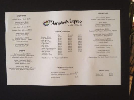 Marrakesh menu