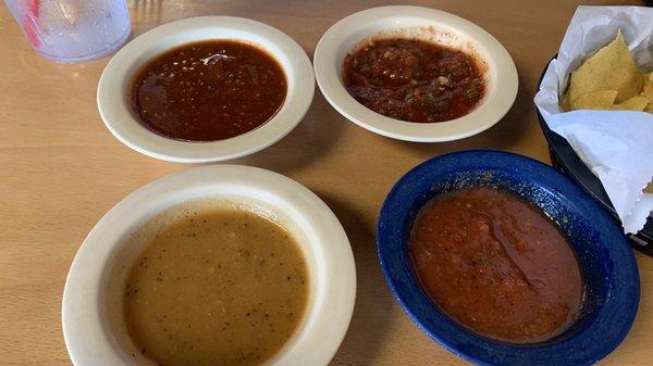 Salsas, four options, mild, medium (cilantro lime), medium hot, habanero (hot)