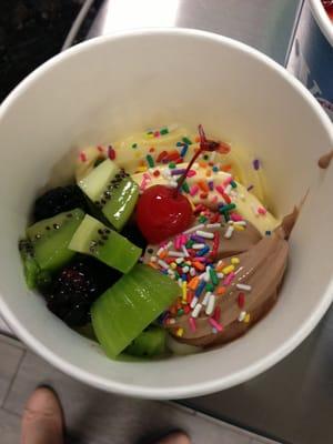 Cake batter, vanilla and chocolate fro yo with rainbow sprinkles, kiwi, blackberries, and a cherry on top :)