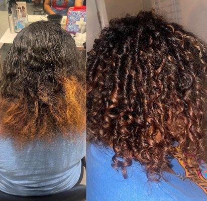 Curly hair highlights & haircut while in cosmetology school