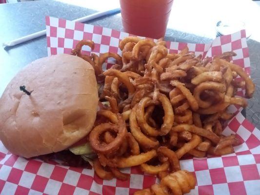 Bacon Cheeseburger and curly fries