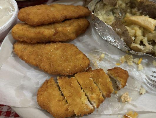 Their adult chicken strip plate with baked potato.