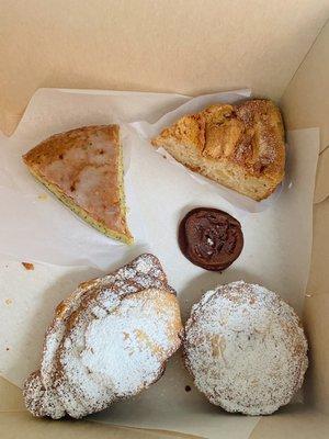 frangipane croissant, frangipane raspberry mini tart, apple cake, almond poppyseed cake, mini chocolate cookie