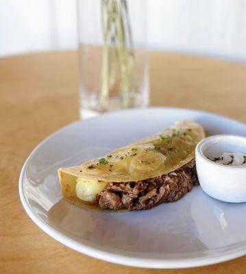 Qistibi: Flatbread w/ beef, mashed potatoes, sour cream | $7 (Hella Bomb!)