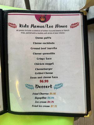 Kids menu, desserts