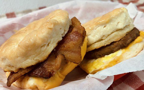 Hot biscuits with egg, cheese, and choice of meat.