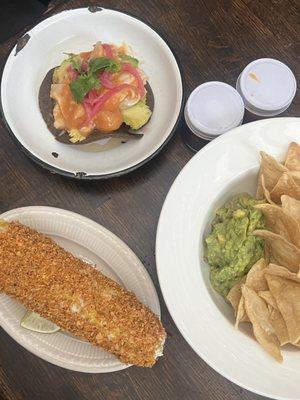 Ceviche tostada, elote and guacamole