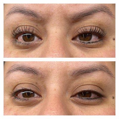 Before and after Keratin Lash Lift with medium shield. No makeup or mascara. Ask for Vee.