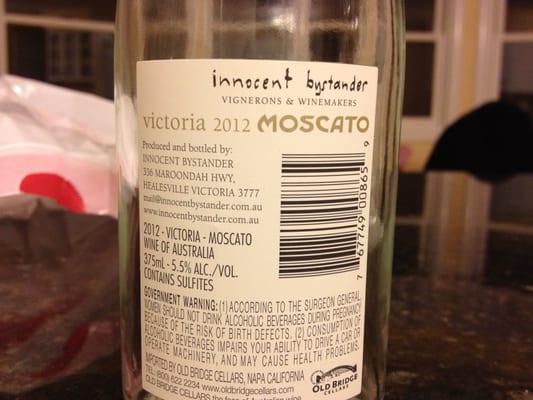 Innocent Bystander Moscato from Australia back label (very very good recommended by Evan)