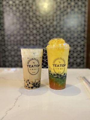 Lefi is brown sugar mt with milk foam, right is mango (or peach?) slushy with rainbow popping boba