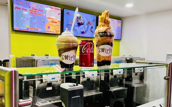 Vanilla coke float and Thai tea soft serve with honey boba,lychee jelly and corn flakes.