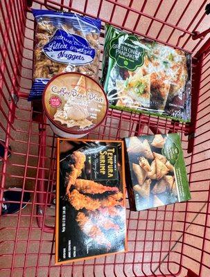 Food haul: Coffee Bean Blast ice cream, PB Pretzel Nuggets, Scallion pancakes, Veggie samosas, and Shrimp tempura