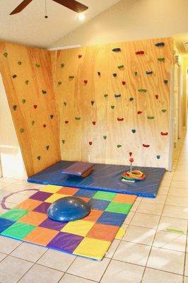 Huge rock wall in the sensory gym.