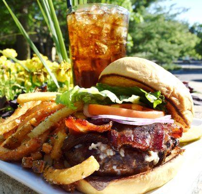 IowaStater Burger with house glazed bacon and house seasoned fries!