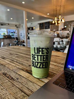 Matcha latte with coconut foam