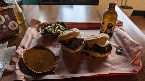 Beef cheek sandwiches ($16 each) and sides ($5 each).