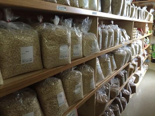 A large selection of oats, grains, herbs, etc