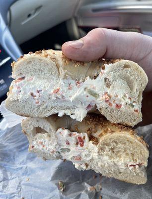 Garlic bagel with Veggie Cream Cheese on a bagel