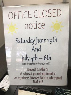 Office closed dates this Summer 2019