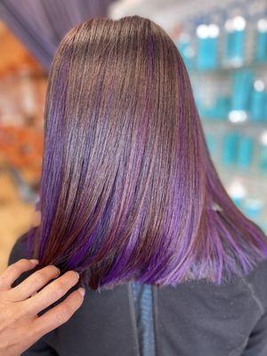 Peekaboo purple highlights  Highlights and cut by Lydia