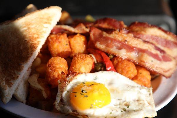 Eggs, bacon, toast and tots!