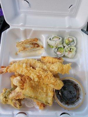 Shrimp and vegetable tempura lunch special with california roll & dumplings