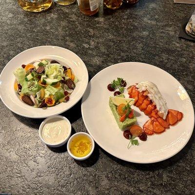 House salad and lobster tail with green peas risotto