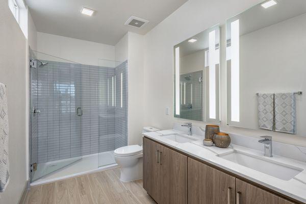 Glamor style spotlight mirrors, modern wood cabinetry and premium silver finishes. Walk in shower with rainfall style showerhead.