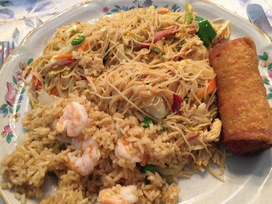 Singapore Mei Fun and Shrimp Fried Rice with Shrimp Roll