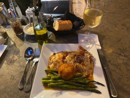 The Veal Saltimbocca, fresh Asparagus and a scoop of Mashed Potatoes rolled in Breading and deep fried.