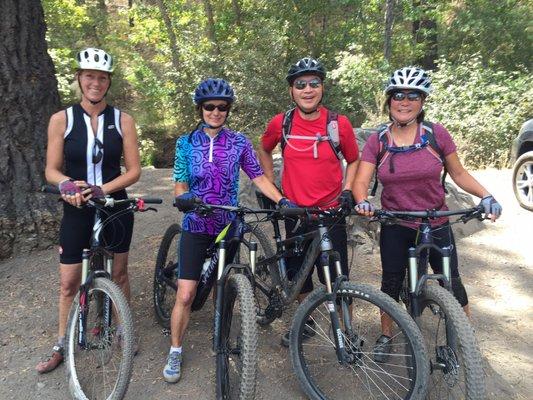 Amy Collins finishes her graduating class of The skills building mountain bike course. (Left to right )Amy,Dawn, Doug and Livia, good job.