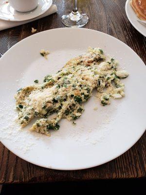 Scrambled eggs (egg whites) with spinach and Parmesan cheese. Yum!