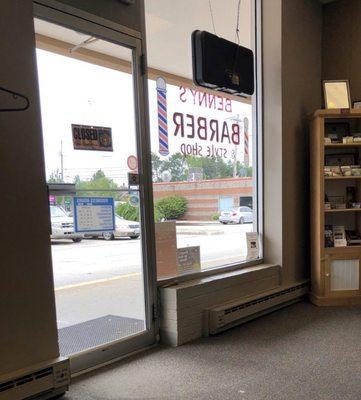 Front of the barbershop interior.