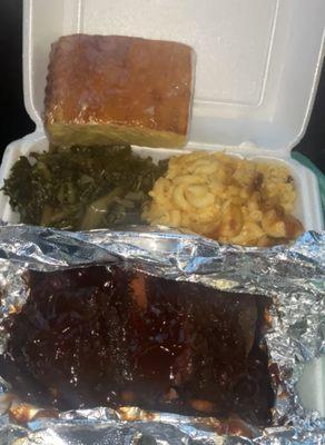 Beef ribs, Mac and Cheese, Collard Greens, Cornbread