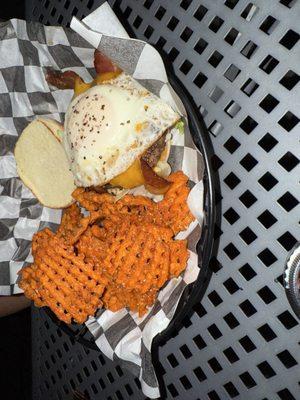 Breakfast Burger with Sweet Potato Fries