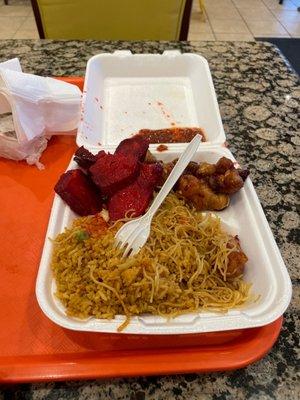 Bbq pork, fried rice and spicy orange chicken