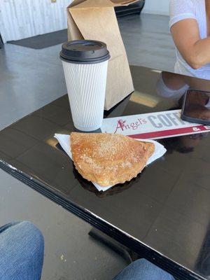 Peach Empanada and White Mocha.  Mocha and breakfast sandwich for my wife.