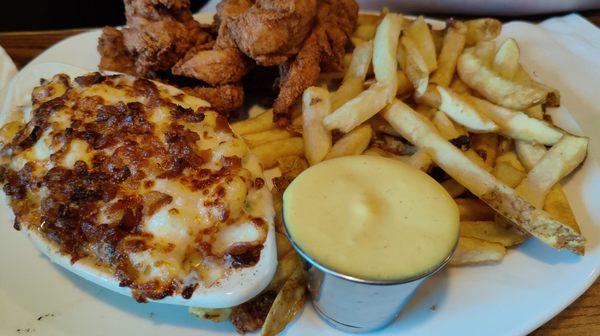 Chicken Fingers with Honey Mustard Sauce, French Fries and Cheesy Bacon Fries