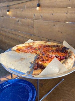 Olive and chorizo think crust from Pizza Hacker at the Junction in Mill Valley.