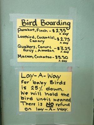 Bird boarding and layaway