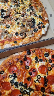 Greek Pizza on top, pepperoni and olives on the bottom.