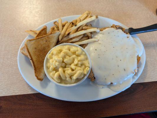 Chicken fried steak with Fry's and Mac n cheese