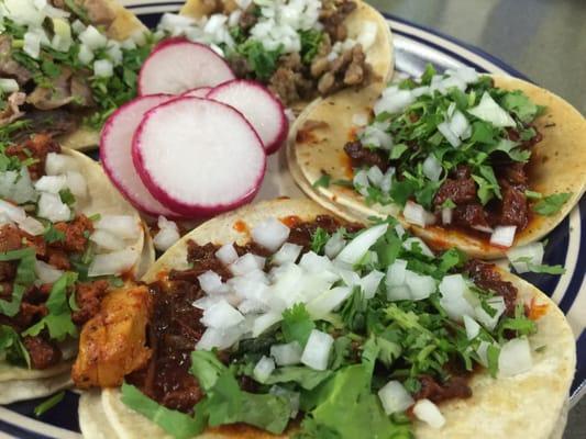 Steak, Lingua, Birria, Carnitas, Adovada Tacos