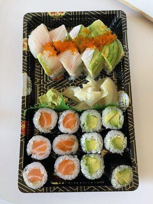 Nikkei roll, Salmon Belly roll, Avocado roll.