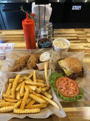 Chicken Tenders, Crinkle Fries, Slaw, The Original Smashburger Lettuce/Tomato on side. Red wine on draft