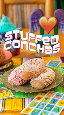 Try our new stuffed conchas, filled with crema, cajeta and fresa! You'll love them