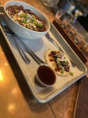 Tri-Tip chili (so good) and brisket taco (small but delicious).